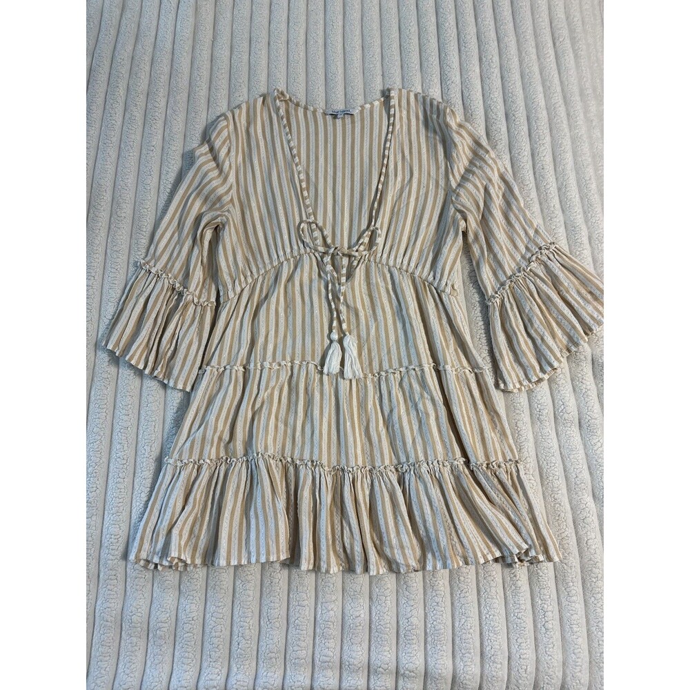 Blue Island bell sleeve tiered cover up beach dress women’s medium beige stripe